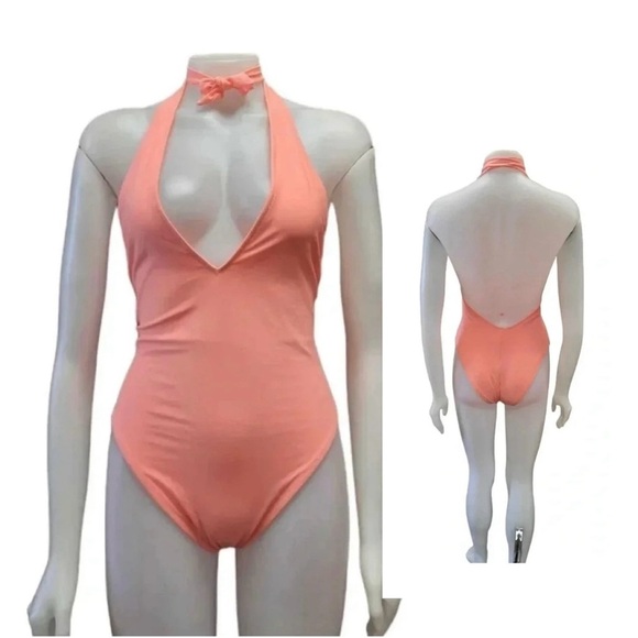 Aerie One Piece Bright Peach Deep V Bathing Suit Size Medium - Picture 1 of 10